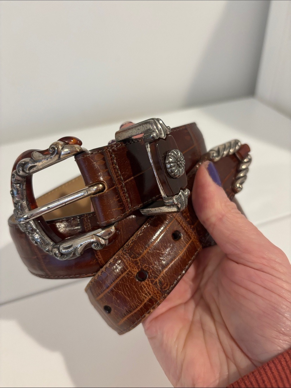 Brighton Western Brown Croc Embossed Leather Belt Ornate Silver & lucite Buckle